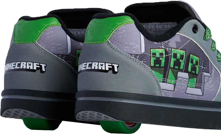 Heelys x Minecraft Pro 25 Prints Boys Shoes - Grey / Green feature the Minecraft logo and Creeper faces, shown from the back and side—ideal for every fan of these cool Heelys sneakers.