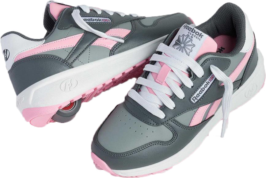 Heelys x Reebok Classic Girls Shoes - Grey / Pink / White feature white laces and Reebok logos—ideal for stylish skate park outings.