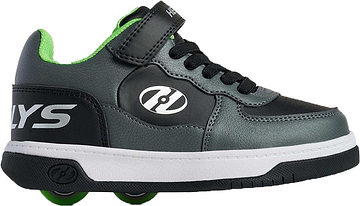 Black and gray Heelys Rezerve X2 Boys Shoes in Black / Castle Rock / Poison Green, featuring a bright green interior lining, a hook-and-loop strap, and a wheel integrated into the sole.