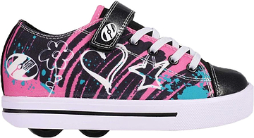 Heelys Snazzy X2 Girls Shoes - Pink / Black low-top sneakers in black and pink, featuring white laces, a hook-and-loop strap, and a wheel integrated into the heel.