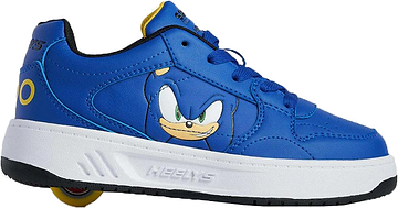 Royal blue and black Heelys x Sonic Gio Boys Shoes featuring a lace-up design, a white midsole, a yellow heel wheel, and a Sonic the Hedgehog character graphic on the side.