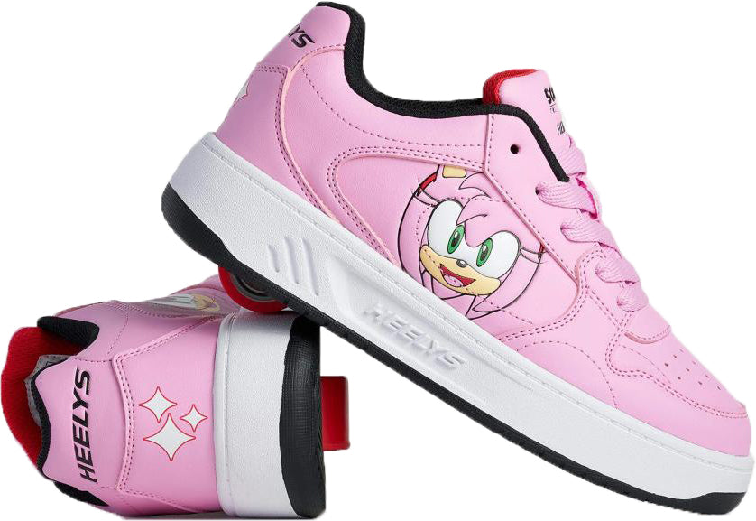 Heelys x Sonic Gio Girls Shoes in rose pink and black, featuring a Sonic the Hedgehog graphic, low-top design, and a wheel integrated into the heel.
