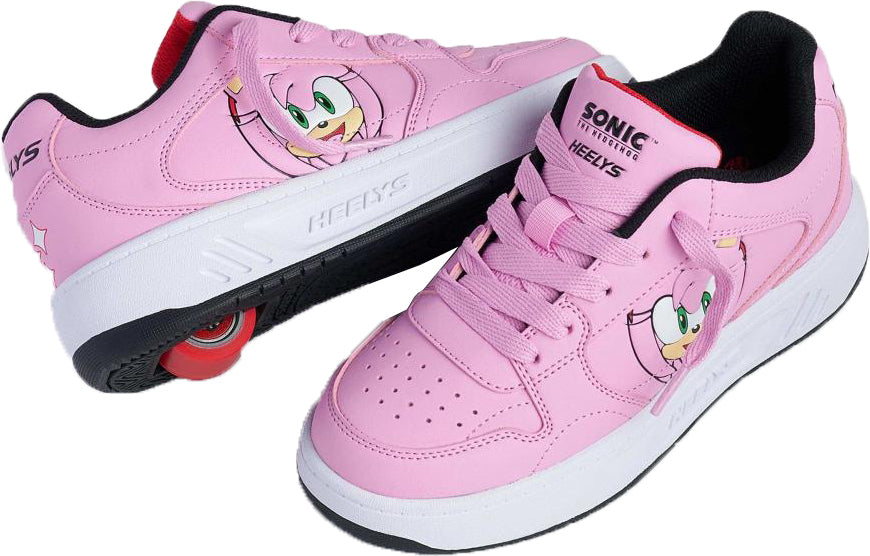 Heelys x Sonic Gio Girls Shoes in rose pink, black, and energy red, featuring a lace-up design with Amy Rose, and a single wheel integrated into the heel.