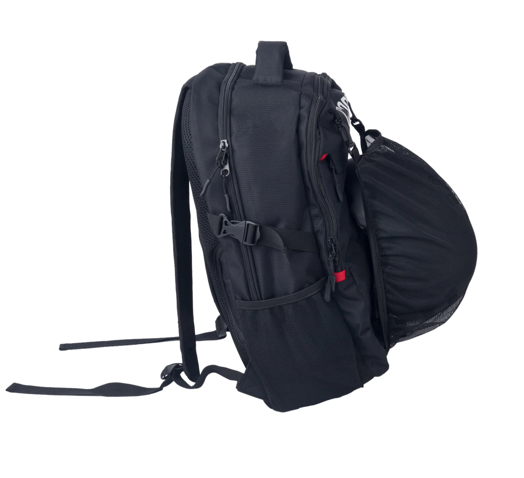 The CORE Scooter Skate Helmet Backpack - Black by CORE is shown from the side with visible shoulder straps, multiple zippered compartments, and mesh pockets, making it ideal for carrying your scooter or skate helmet.
