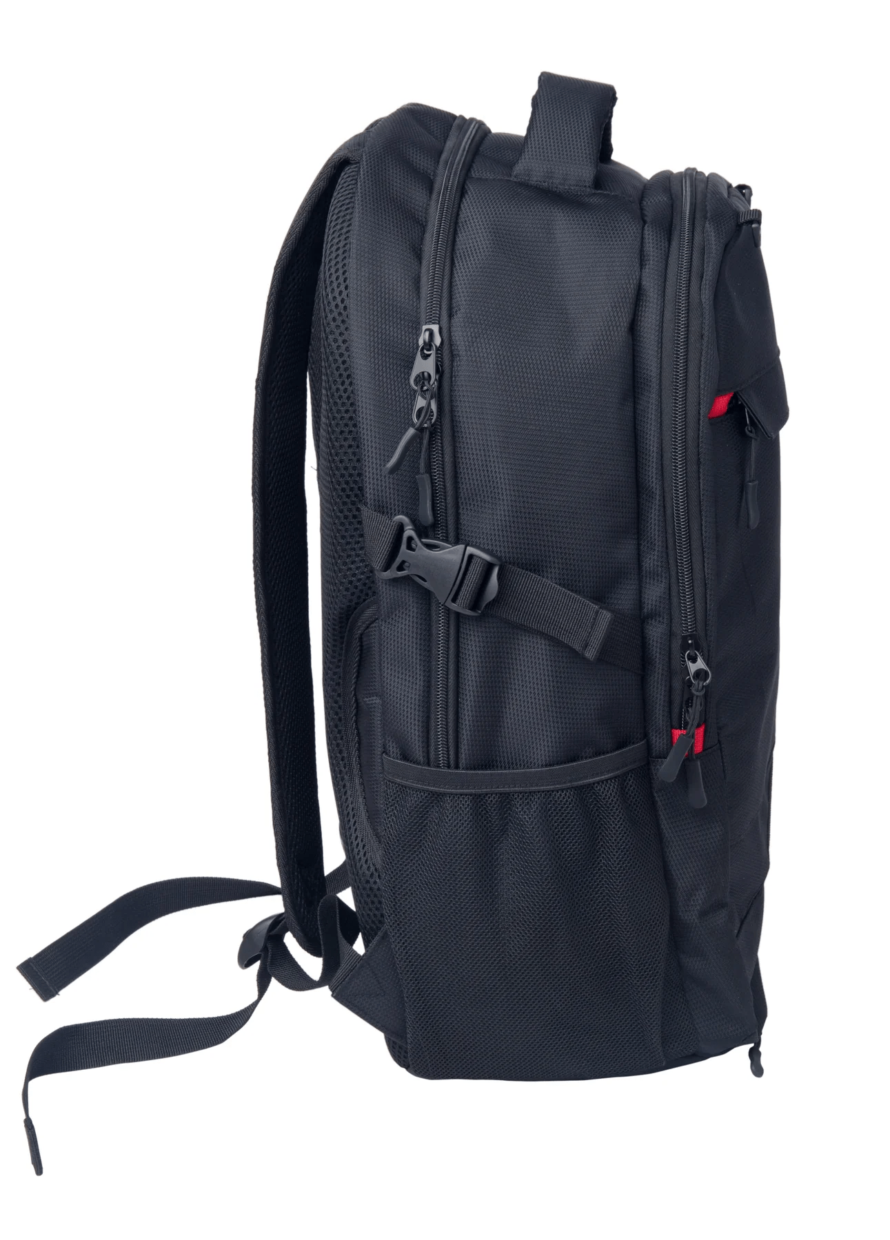 The CORE Scooter Skate Helmet Backpack in black by CORE features multiple zippered compartments, side mesh pockets, and adjustable shoulder straps, displayed upright against a white background.
