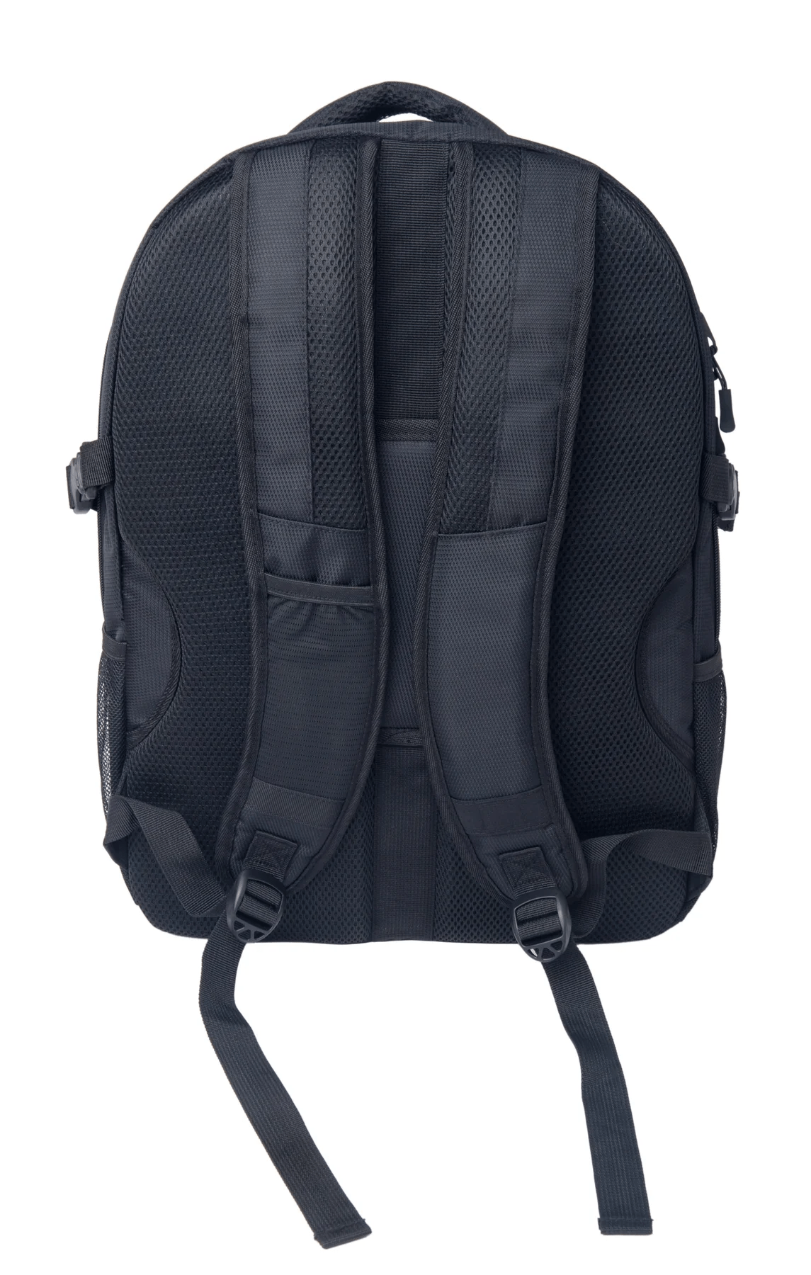 The CORE Scooter Skate Helmet Backpack in black, by CORE, is shown from the back with two padded shoulder straps, adjustable buckles, a top handle, and a hidden zip pocket, all isolated on a white background.