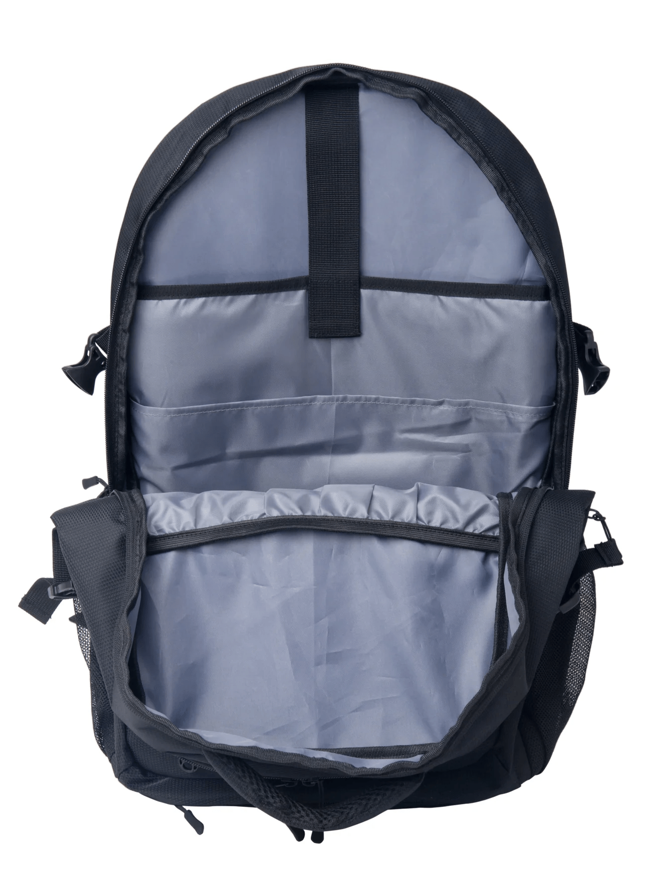 The open CORE Scooter Skate Helmet Backpack - Black by CORE is shown from above, displaying its gray interior with multiple compartments, a hidden zip pocket, and generous storage space for your gear.