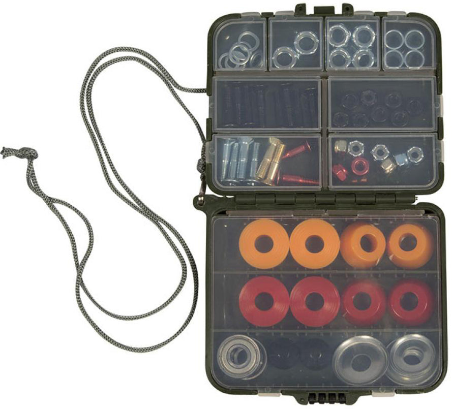 A compact, open plastic container from Independent, featuring compartments filled with assorted metal nuts, washers, screws, colored rubber grommets, and a gray cord attached—ideal for organizing your skateboard spare parts as part of the Independent Genuine Spare Tool Skateboard Set.