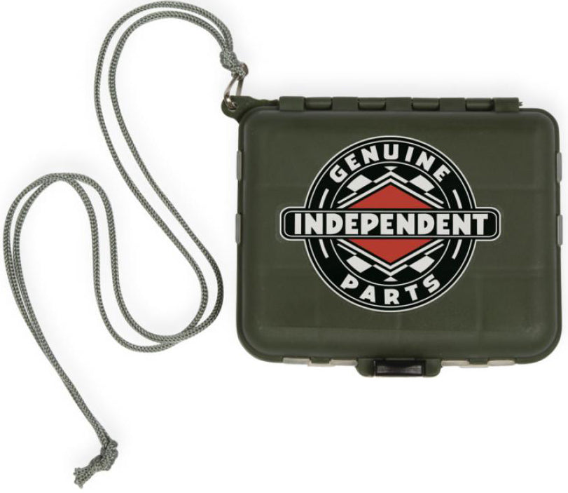 An olive green plastic box with a lanyard and a bold "Genuine Independent Parts" logo on the lid, perfect for storing your Independent Genuine Spare Tool Skateboard Set by Independent and other essential skateboard spare parts.