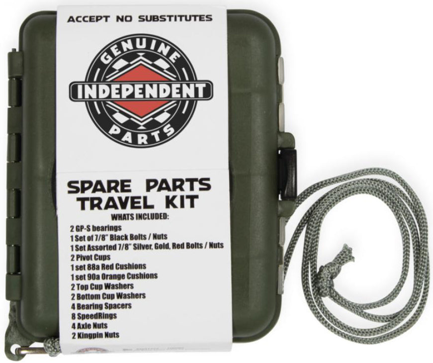 Rectangular olive-green case labeled “Independent Genuine Spare Tool Skateboard Set” containing a range of essential skateboard spare parts. Produced by Independent, this kit features a rope loop and a black-and-white label reading, “Accept No Substitutes.”.