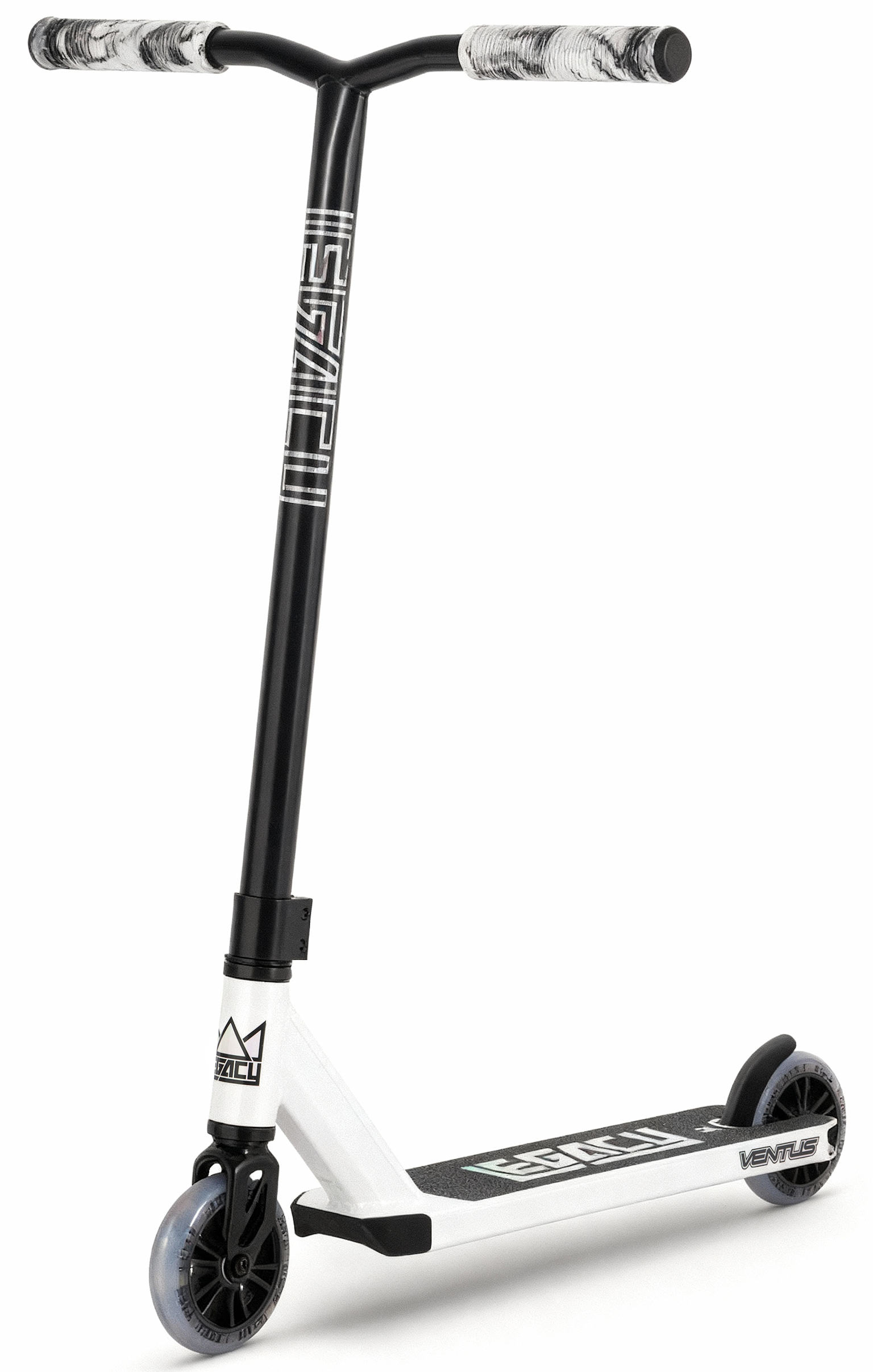 The Legacy Ventus Complete Stunt Scooter - White Glitter by Legacy features a wide deck, black handlebars with white patterned grips, small front and rear wheels, and bold branding on the white and black glitter frame and deck.