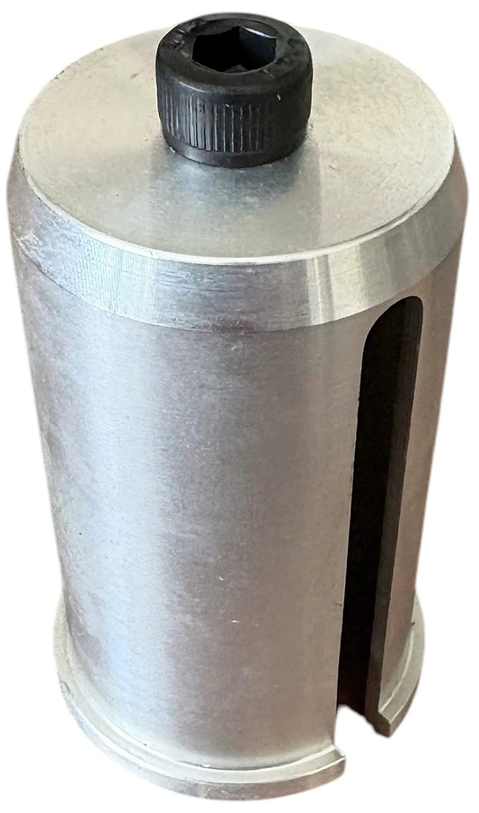 A cylindrical metal tool with a hexagonal screw on top and a vertical side slot, the Logic HIC Shim Kit - Chrome by Logic is commonly used in specialized mechanical or automotive assemblies.