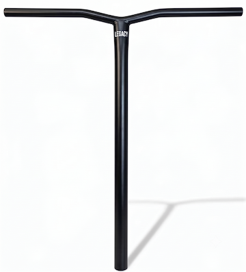 The Legacy Bend Titanium Oversized HIC Stunt Scooter Bars in black, measuring 660mm by 600mm, feature a slight rise and display the “LEGACY” branding at the center joint, shown against a plain white background.