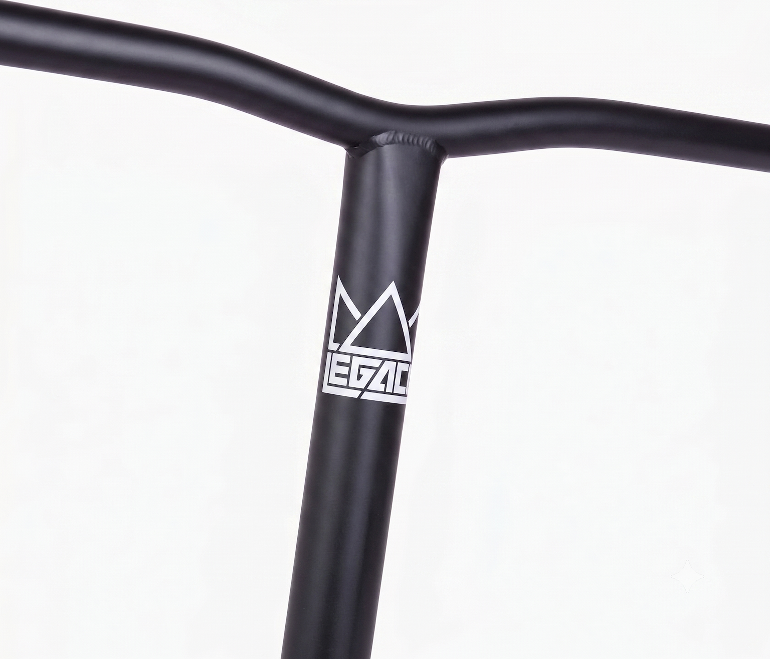 Close-up of the Legacy Steeltanium Chromo Lite Oversized HIC/SCS Stunt Scooter Bars in black (680mm x 610mm), featuring a white "LEGACY" logo with crown outline on durable chromoly steel, shown against a plain white background.