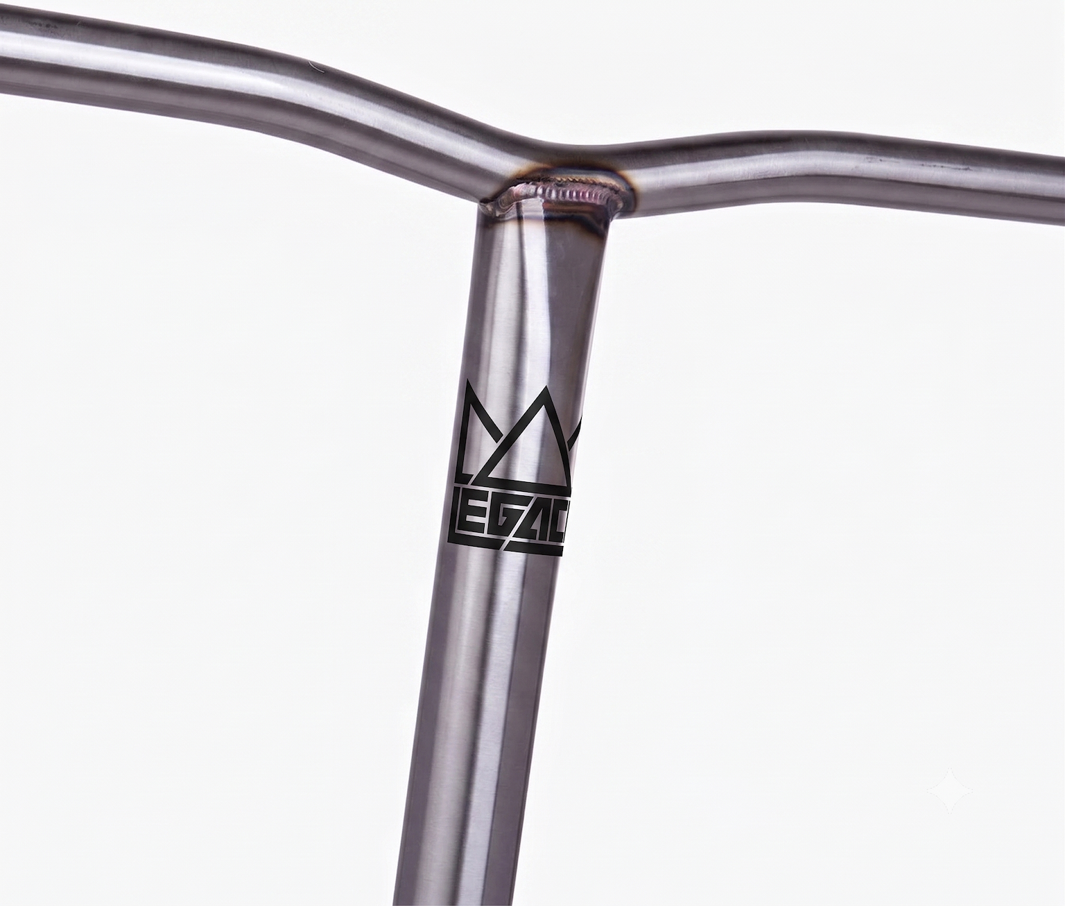 Close-up of the Legacy Steeltanium Chromo Lite Oversized HIC/SCS Stunt Scooter Bars (680mm x 610mm), made from durable chromoly steel with a welded joint and black Legacy crown logo on the vertical bar, set against a plain white background.