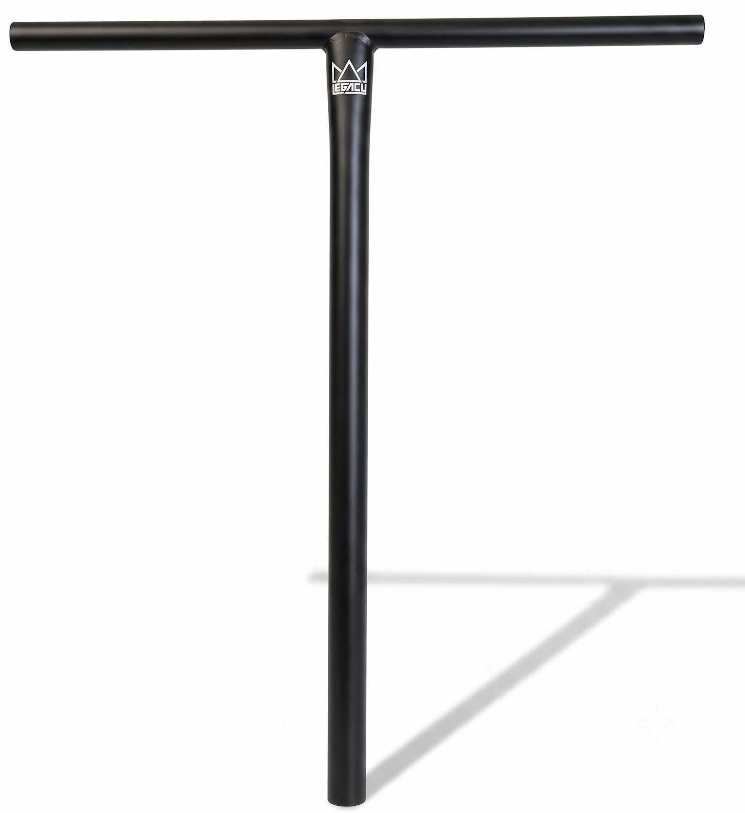 Legacy Titanium Oversized HIC Stunt Scooter T-Bars in black, measuring 690mm by 610mm, feature a classic T-bar handle with a central vertical stem and a small white Legacy logo at the intersection. Casting a faint shadow against a white background, these lightweight titanium handlebars are engineered by Legacy for both durability and style.