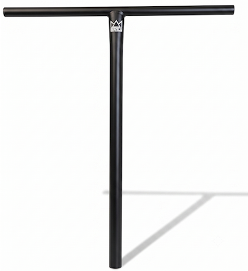 Legacy Titanium Oversized HIC Stunt Scooter T-Bars in black, measuring 690mm by 610mm, feature a classic T-bar handle with a central vertical stem and a small white Legacy logo at the intersection. Casting a faint shadow against a white background, these lightweight titanium handlebars are engineered by Legacy for both durability and style.