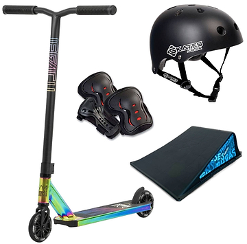 The Legacy Ventus Neochrome Stunt Scooter Starter Bundle by Legacy includes a vibrant scooter with black handlebars, a matching black helmet, black knee and elbow pads with red highlights, and a black ramp for beginner tricks.