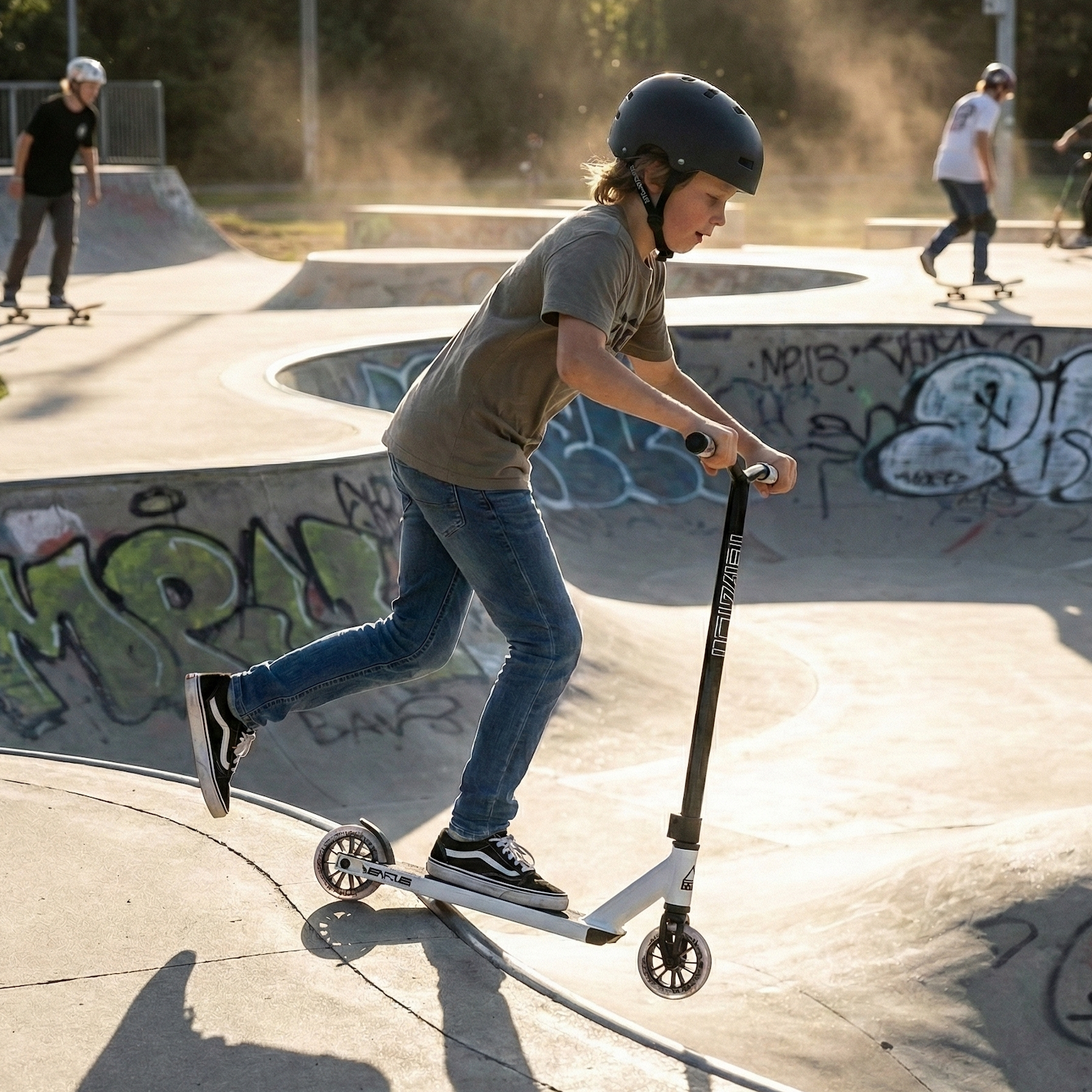 A young person wearing a helmet rides a Legacy Ventus Complete Stunt Scooter - White Glitter by Legacy up a ramp at a graffiti-covered skatepark, while others skateboard in the background on a sunny day.