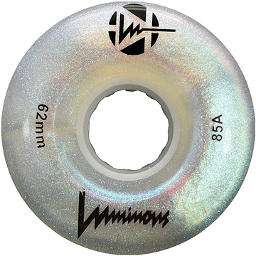 A close-up of a Luminous LED 85A Quad Skate Wheel in White Pearl (62mm), featuring an iridescent, sparkly finish and the "Luminous" label.