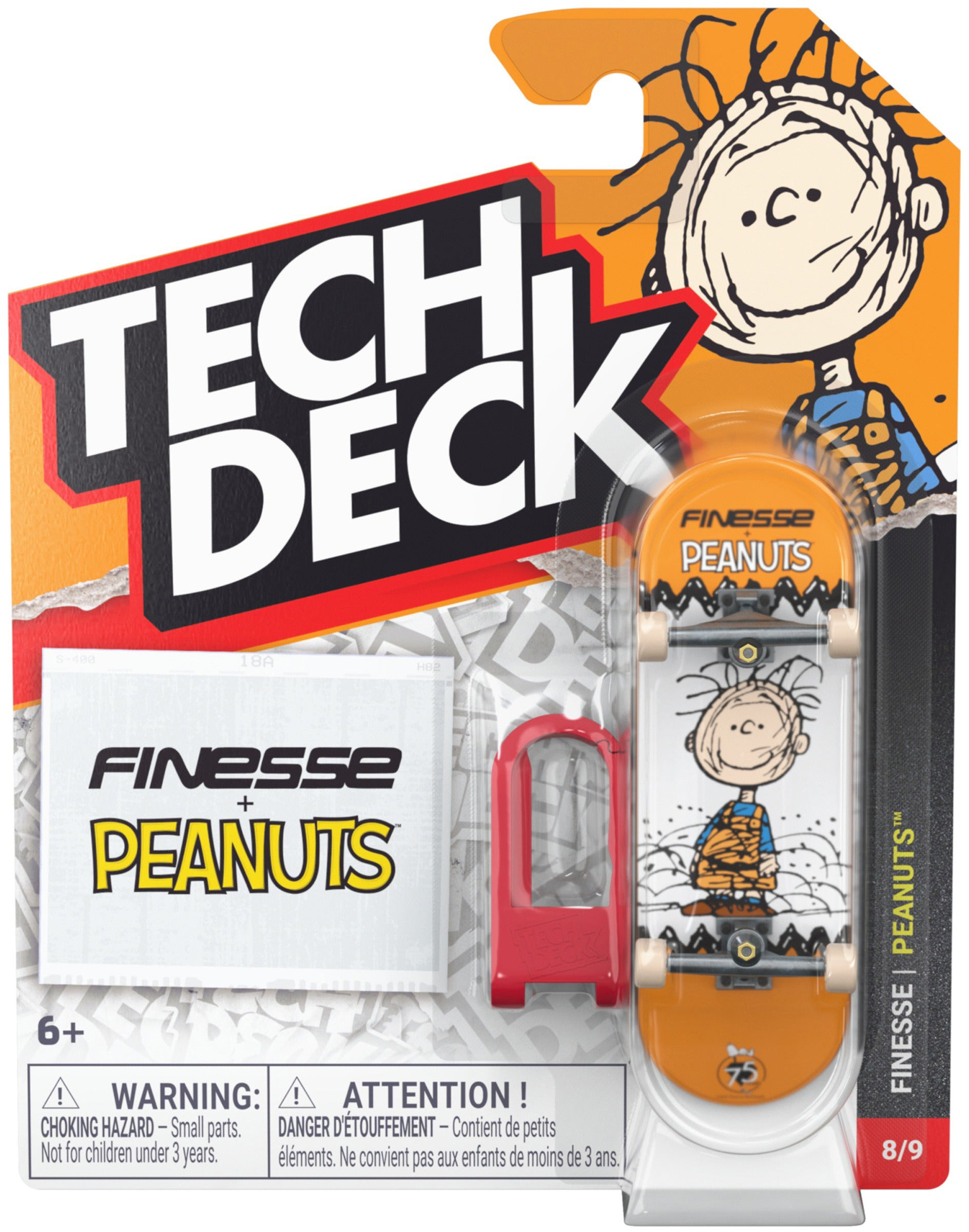 Tech Deck 96mm M04 Finesse x Peanuts Fingerboard - Pigpen by Tech Deck comes in packaging featuring the beloved Peanuts character Pigpen, with a vibrant orange and white design. This collectible fingerboard includes a display stand and showcases the official Peanuts logo. Measuring 96mm, it’s perfect for fans of Tech Deck fingerboards and skateboard collectibles. Recommended for ages 6 and up.