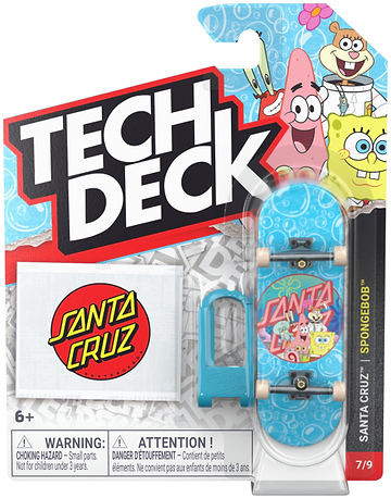 The Tech Deck 96mm M04 Santa Cruz Fingerboard - Spongebob & Friends set by Tech Deck includes a collectible 96mm fingerboard featuring Spongebob graphics, a Santa Cruz skate ramp, and a blue skate tool. With Spongebob characters displayed on the packaging, this set is perfect for skateboard collectors ages 6 and up.