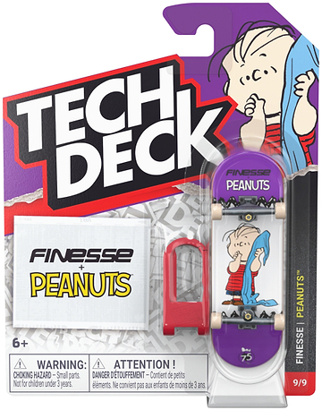 The Tech Deck 96mm M04 Finesse x Peanuts Fingerboard - Linus, by Tech Deck, features authentic skateboard graphics with unique “FINESSE + PEANUTS” branding, includes a red fingerboard tool and warning labels on the packaging—making it an ideal collectible for fans of Tech Deck fingerboards and exclusive skateboard memorabilia.