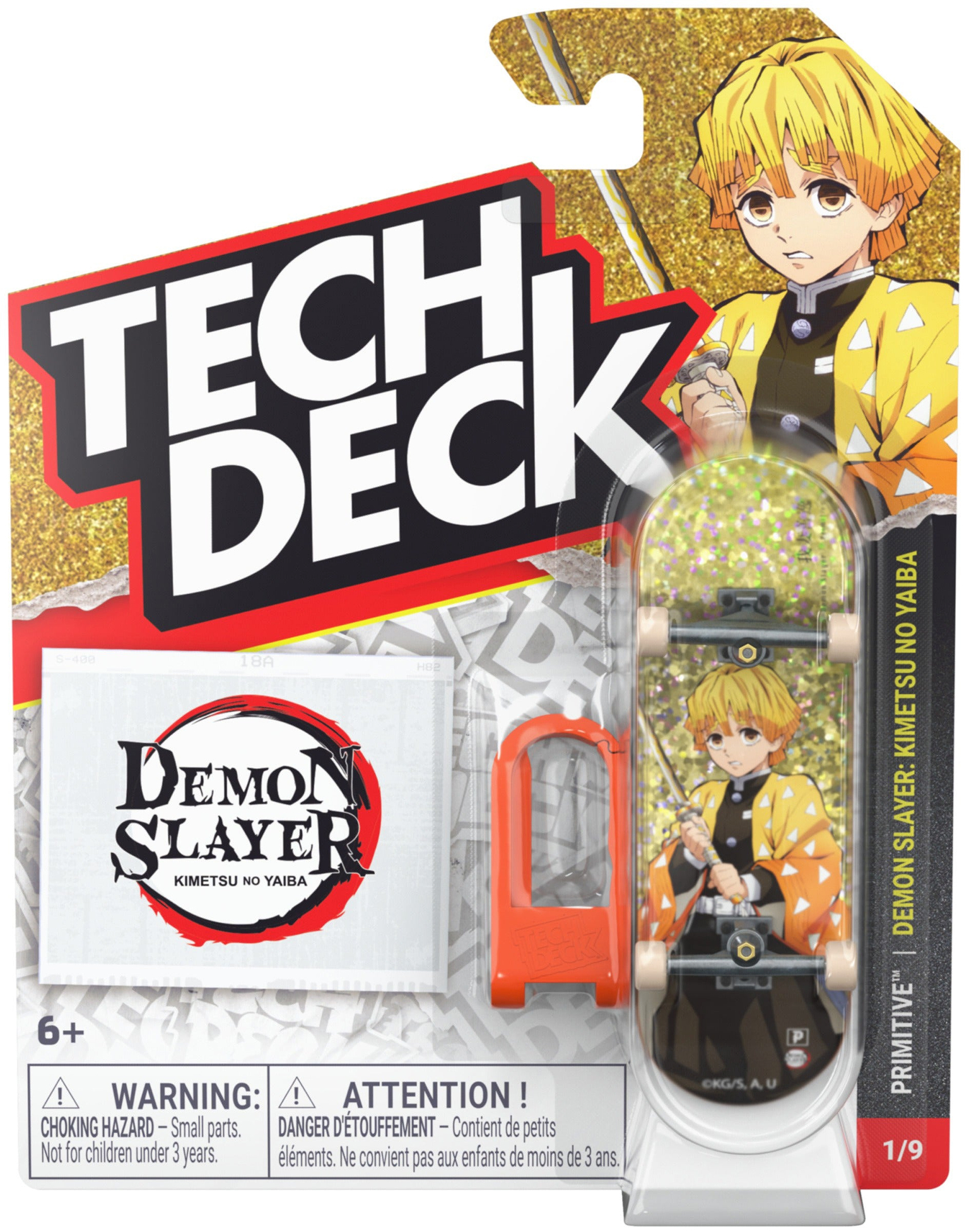 Introducing the Tech Deck 96mm M04 Primitive x Demon Slayer Fingerboard – Zenitsu Agatsuma by Tech Deck, featuring authentic Zenitsu-themed skateboard graphics, exclusive Zenitsu artwork on the packaging, an orange skateboard tool, and a warning label for ages 6 and up—making it perfect for fans and collectors of unique skateboard collectibles.