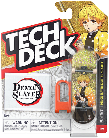 Introducing the Tech Deck 96mm M04 Primitive x Demon Slayer Fingerboard – Zenitsu Agatsuma by Tech Deck, featuring authentic Zenitsu-themed skateboard graphics, exclusive Zenitsu artwork on the packaging, an orange skateboard tool, and a warning label for ages 6 and up—making it perfect for fans and collectors of unique skateboard collectibles.