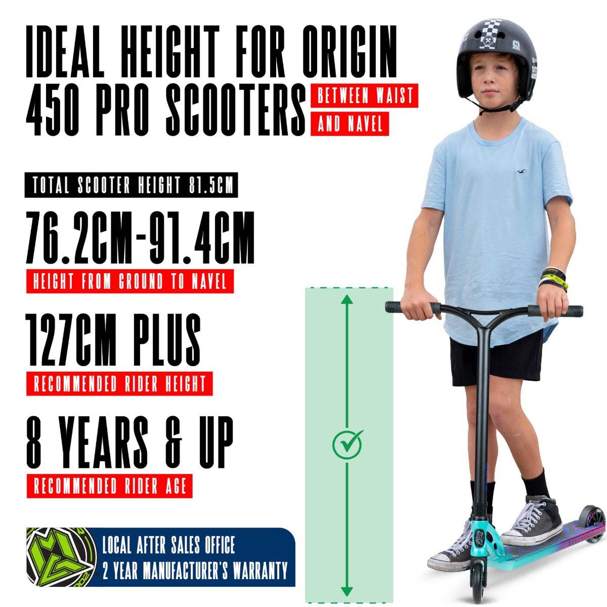 A child wearing a helmet rides the Madd Gear (MGP) VX Origin IV 450 Complete Stunt Scooter - Gravitron. Ideal handlebar height: 81.5cm, for riders 127cm+ tall and ages 8+. Handlebar should reach between waist and navel.
