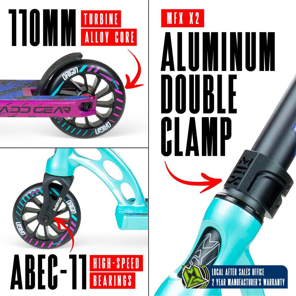 Collage featuring the Madd Gear (MGP) VX Origin IV 450 Complete Stunt Scooter - Gravitron: turquoise 110mm turbine-alloy core wheels, ABEC-11 bearings, MFX X2 aluminum double clamp, plus park rider badges—2-year warranty & local support.
