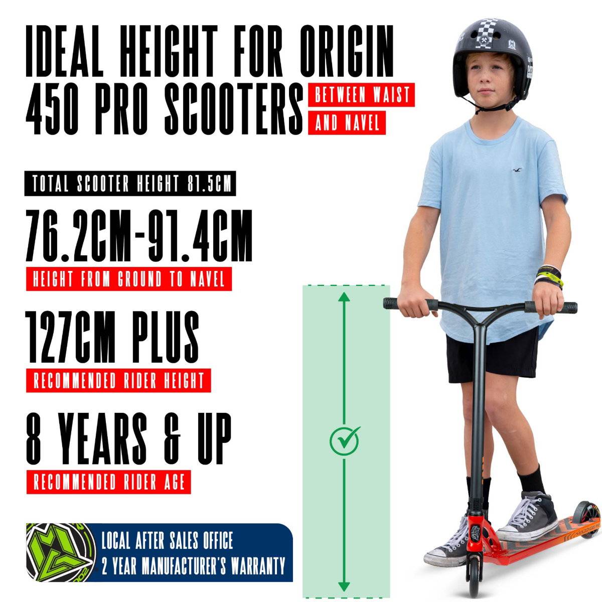 A boy in a helmet stands on a red and black Madd Gear (MGP) VX Origin IV 450 Complete Stunt Scooter - Phonon. Text notes ideal park handlebar height (waist to navel), for riders 127cm+ and ages 8+.
