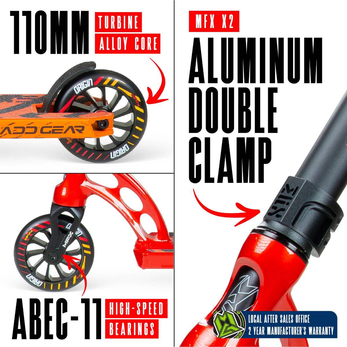 Four-panel image featuring the Madd Gear (MGP) VX Origin IV 450 Complete Stunt Scooter - Phonon: 110mm turbine alloy wheels, MFX X2 double clamp, ABEC-11 bearings; ideal for park riders, with local support and a 2-year warranty.