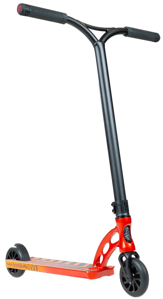 The MGP VX Origin IV 450 Complete Stunt Scooter - Phonon by Madd Gear features a tall handlebar, black grips, two small black wheels, and an orange-striped red and black deck—ideal for park riders seeking reliable freestyle performance.