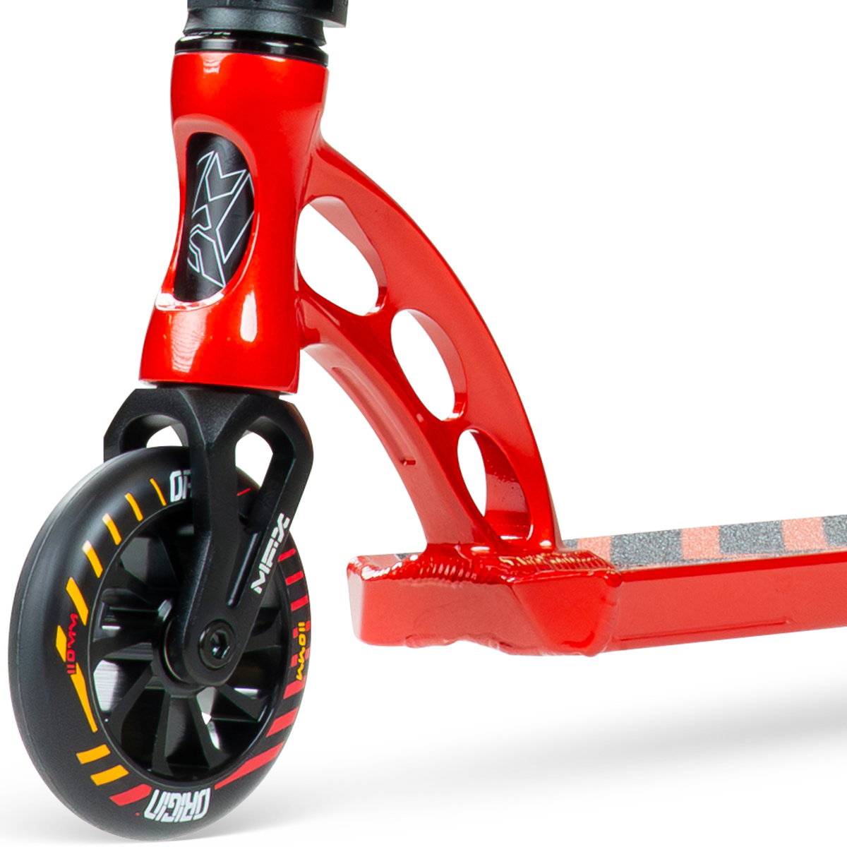 Close-up of the front wheel and deck of the Madd Gear (MGP) VX Origin IV 450 Complete Stunt Scooter - Phonon, showing a black wheel with colorful accents and a metal frame with cut-out circles—perfect for park riders.