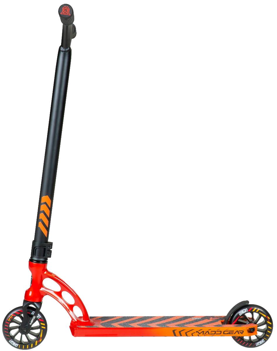 The Madd Gear (MGP) VX Origin IV 450 Complete Stunt Scooter - Phonon features a red and black design with orange accents, chevron-patterned deck, black handlebars, solid wheels, and is ideal for park riders. Shown upright on a white background.