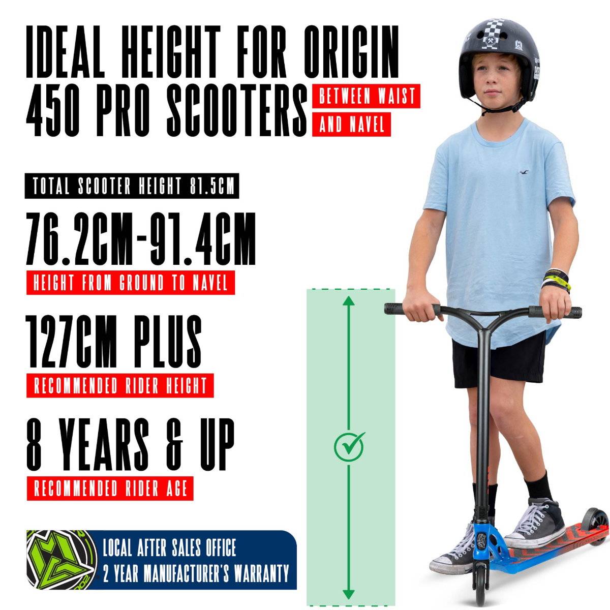 A boy in a helmet stands on a blue and black Madd Gear MGP VX Origin IV 450 Complete Stunt Scooter - Tensor. Text shows ideal height: total 81.5cm; for park riders 127cm+ & ages 8+. A height chart appears beside him.