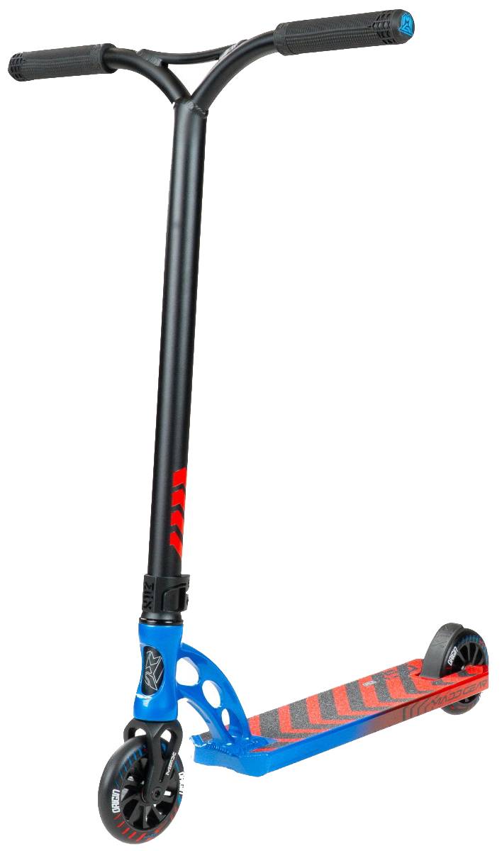 The Madd Gear MGP VX Origin IV 450 Complete Stunt Scooter - Tensor features a black and blue design, black handlebar, red grip tape, two black wheels, and a sporty cut-out front fork—ideal for park riders seeking both style and performance.