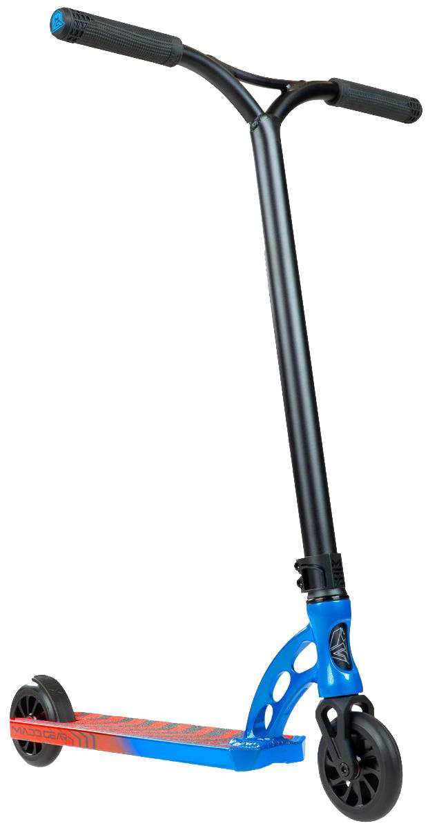 The Madd Gear MGP VX Origin IV 450 Complete Stunt Scooter - Tensor features a blue and black design with a red foot deck, black handlebars, and two black wheels, perfect for park riders and shown against a white background.