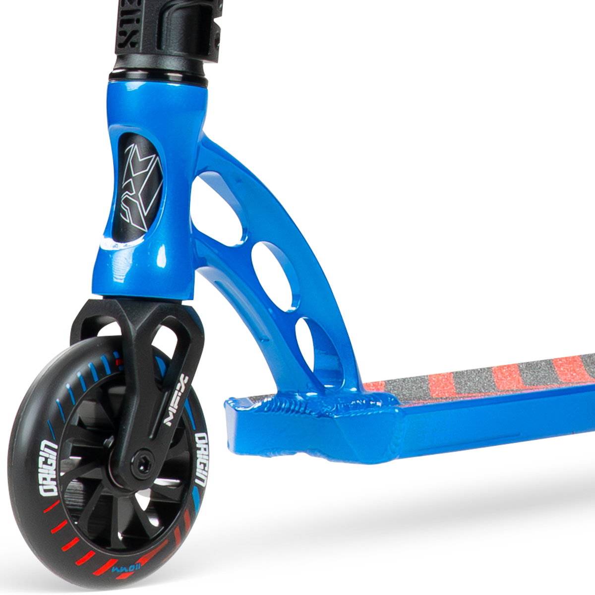 Close-up of a Madd Gear (MGP) VX Origin IV 450 Complete Stunt Scooter - Tensor shows its front wheel and deck with black and red accents on the wheel and grip tape featuring gray and red stripes—perfect for park riding.