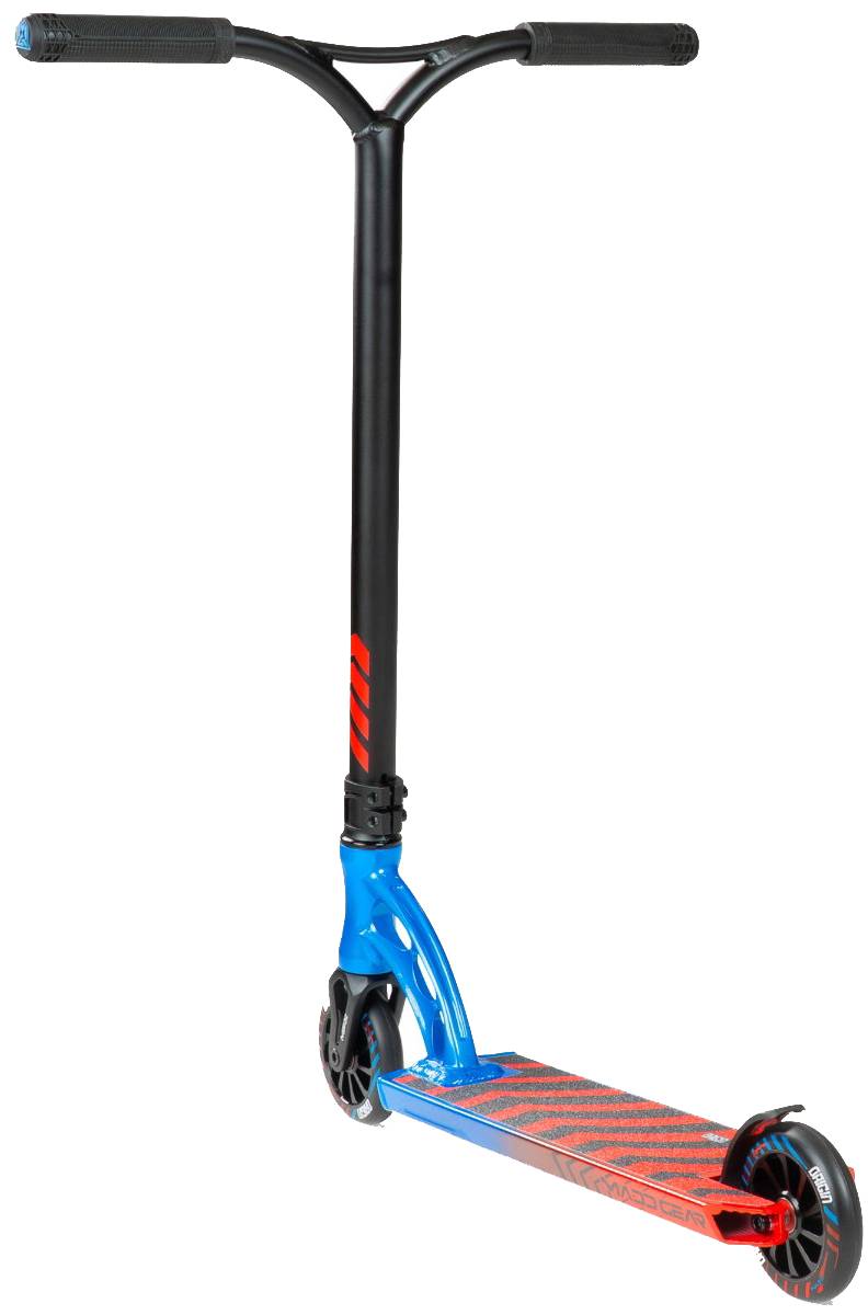 Designed for park riders, the Madd Gear MGP VX Origin IV 450 Complete Stunt Scooter - Tensor features a black handlebar, blue front, red-blue deck, black wheels, and a modern sporty look.