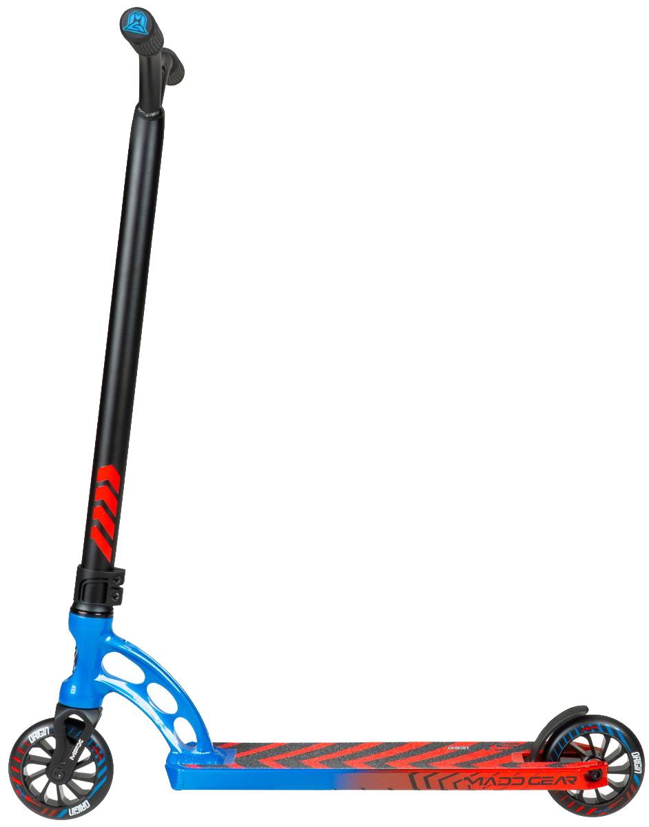 The Madd Gear (MGP) VX Origin IV 450 Complete Stunt Scooter - Tensor features a blue-to-red gradient, black handlebars and wheels, a patterned deck, and a bold “Madd Gear” logo—ideal for park riders seeking standout style and performance.