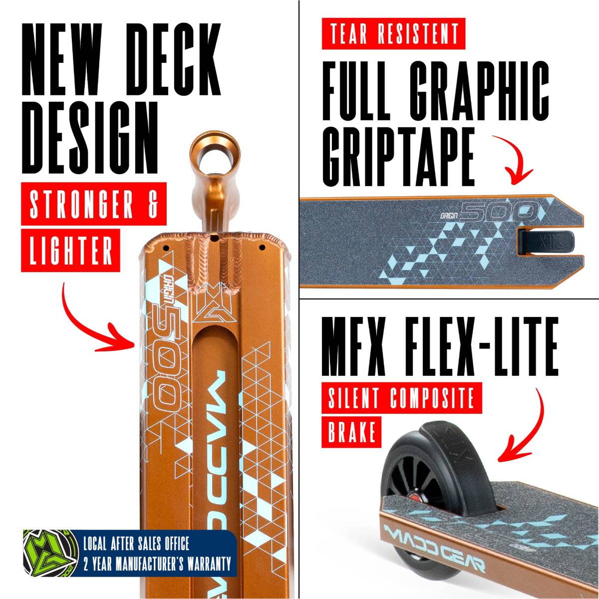 Split image shows the Madd Gear (MGP) VX Origin IV 500 Complete Stunt Scooter - Deltoid: strong lightweight deck with "MGP 500" branding, durable full-graphic griptape, and a silent composite brake reading "Madd Gear" on the wheel.