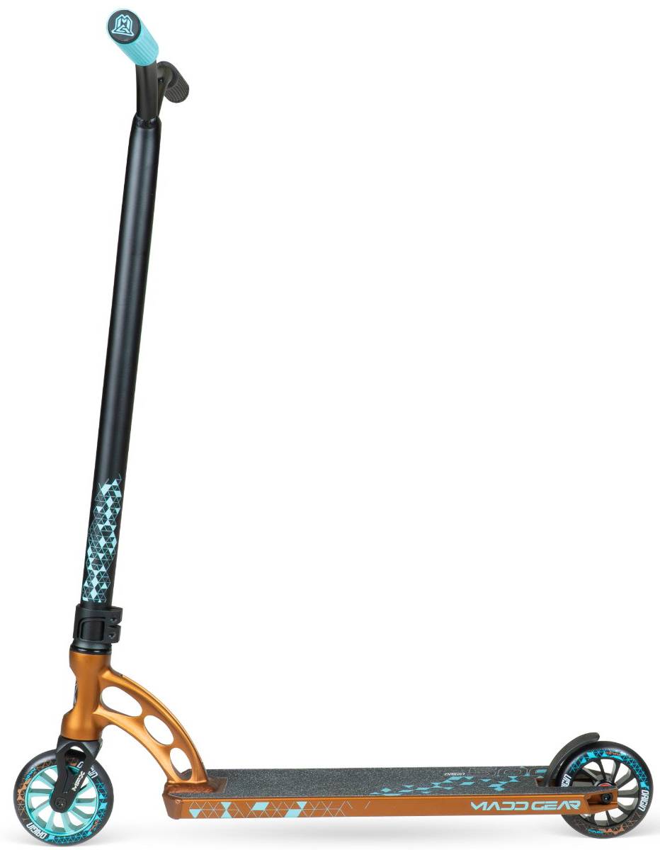 The Madd Gear MGP VX Origin IV 500 Complete Stunt Scooter - Deltoid features a copper deck, teal and black wheels, black handlebar, and teal accents—ideal for freestyle or stunt tricks.