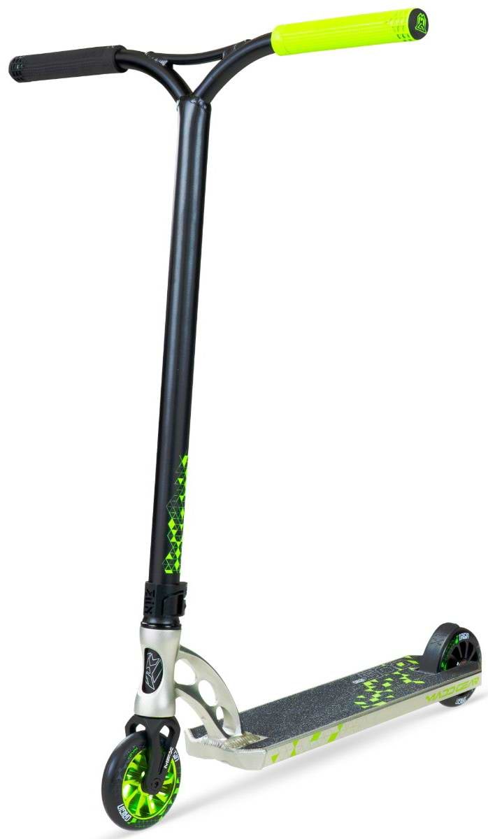 The Madd Gear MGP VX Origin IV 500 Complete Stunt Scooter - Pyriform features a black and silver design with neon green grips and wheels, a textured foot deck, and patterned accents—ideal for trick riders seeking pro performance.