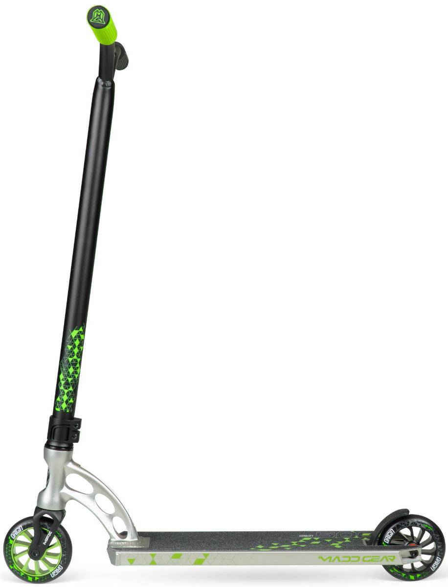 The Madd Gear (MGP) VX Origin IV 500 Complete Stunt Scooter - Pyriform features a sleek green and black design with bold "Madd Gear" branding—ideal for stunt scooter enthusiasts seeking style and performance.