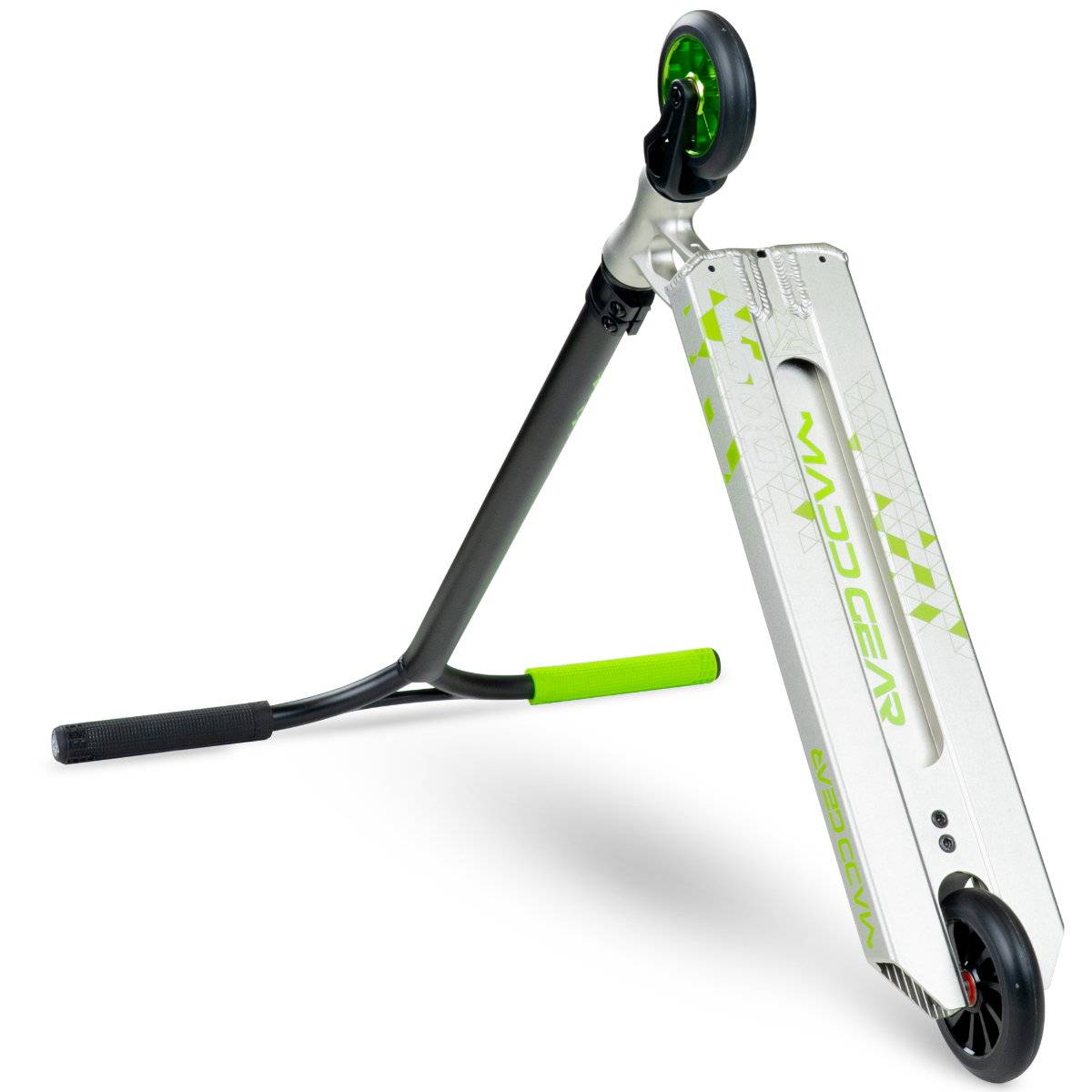The Madd Gear MGP VX Origin IV 500 Complete Stunt Scooter - Pyriform features a silver and green design with a black handlebar, green hand grips, and green front wheel, displayed tilted to showcase the deck and wheel details.