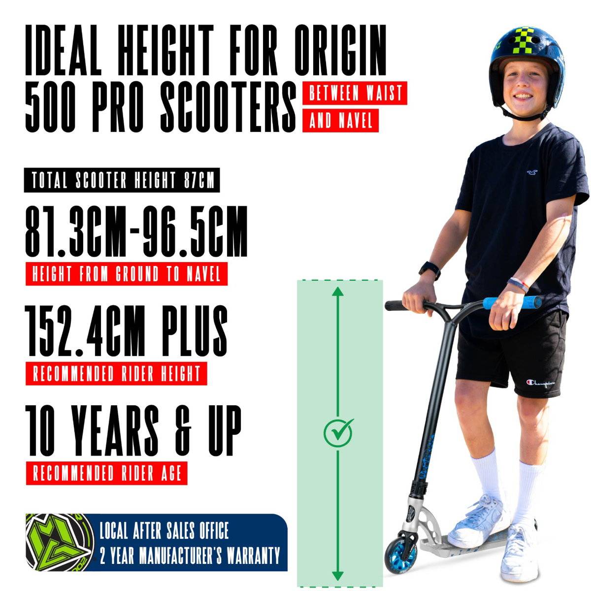 A young rider in a helmet stands with the Madd Gear (MGP) VX Origin IV 500 Complete Stunt Scooter - Scalene, which is 87cm tall and ideal for ages 10+, riders over 152.4cm, at a height between waist and navel.