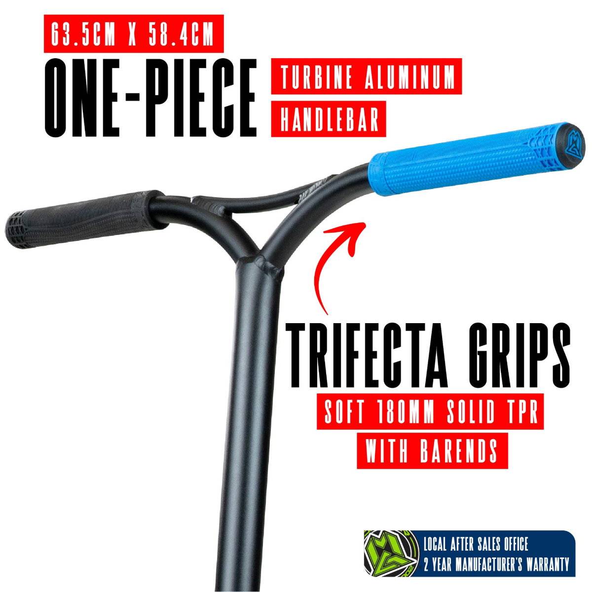 Close-up of the Madd Gear (MGP) VX Origin IV 500 Complete Stunt Scooter - Scalene showing a black one-piece turbine aluminum handlebar with blue grips, 63.5cm x 58.4cm size, soft 180mm TPR barends, and a 2-year warranty.