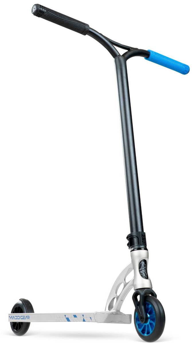The Madd Gear MGP VX Origin IV 500 Complete Stunt Scooter - Scalene features a sleek silver and black design with blue and black handlebar grips, a blue front wheel, and two small wheels, perfect for tricks and freestyle riding.
